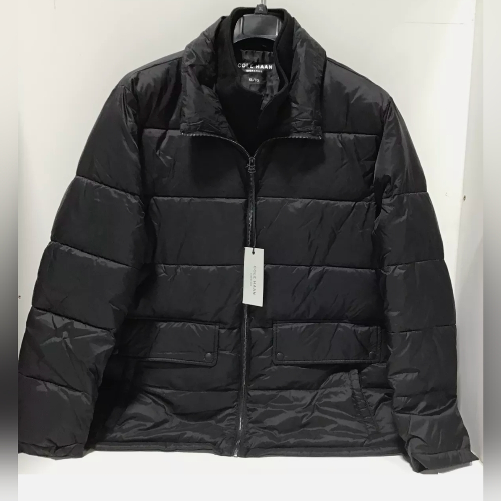 Cole Haan | Men's Stand Collar Puffer Jacket with Attached Bib | Black | S